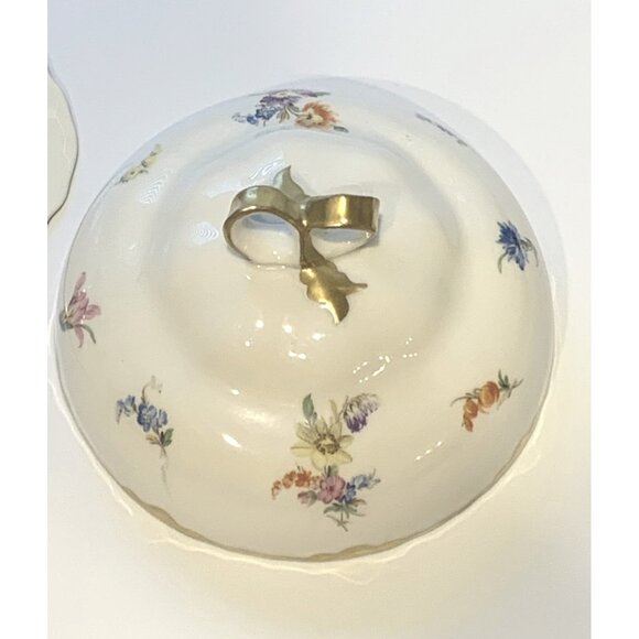 Vintage Dresden By Warwick Round Porcelain Floral Butter Dish With Lid & Gold Ha - Picture 3 of 12